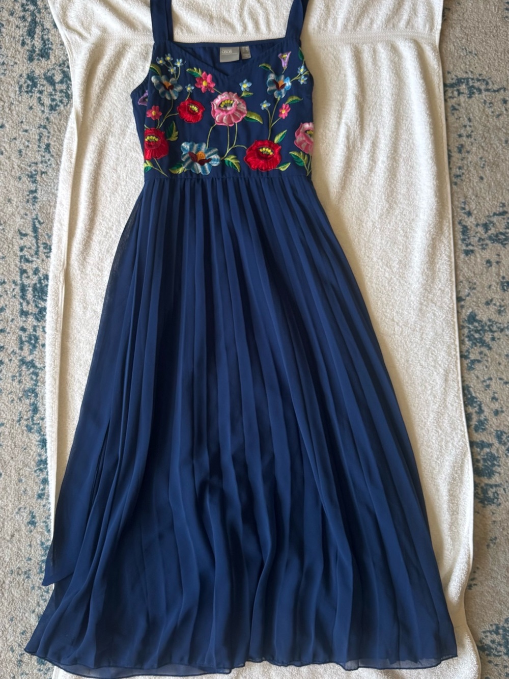 ASOS Navy Floral Embroidered Pleated Dress